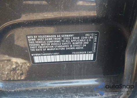 2013 Volkswagen Cc 2.0T Sport from USA, damaged, VIN WVWBN7AN5DE514951